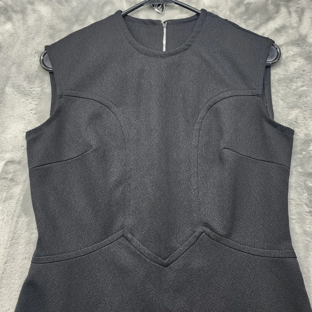 Vintage 60s Dress Womens M Black Sleeveless Structured Sheath Metal Zip Office‎